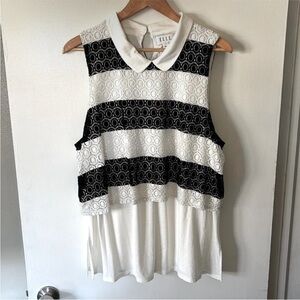 Elle size XXL black and‎ white striped lace layered collared sleeveless tank top